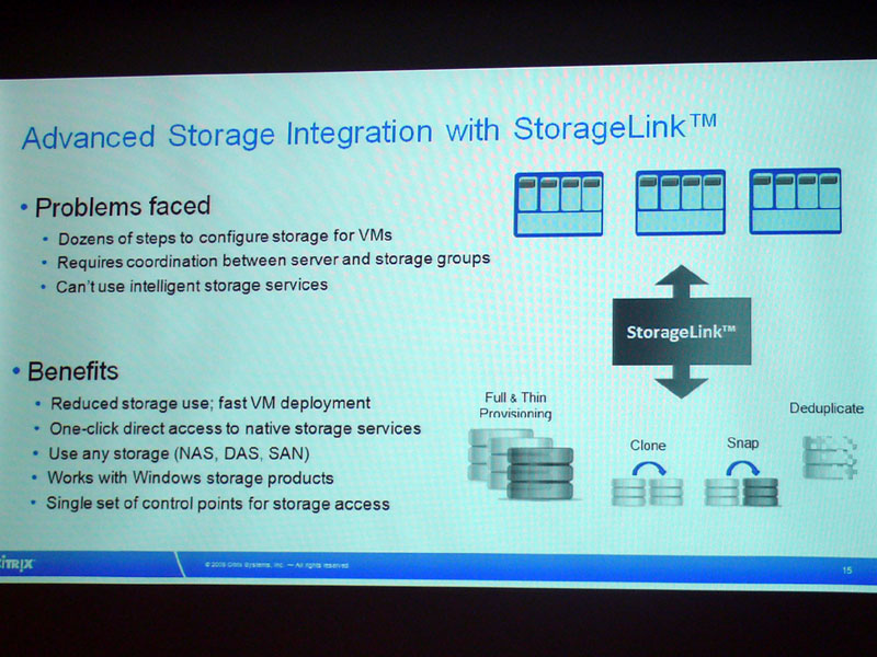 <b>StorageLinkの概念図。ストレージ製品の機能をXenCenterでコントロールする機能</b>