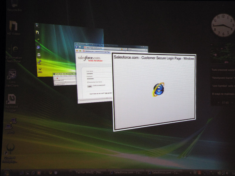 <strong>Windows Vistaのフリップ3Dでウィンドウを表示しても、セキュア環境のWebブラウザは画面表示されない。こういった部分もセキュアにできている</strong>