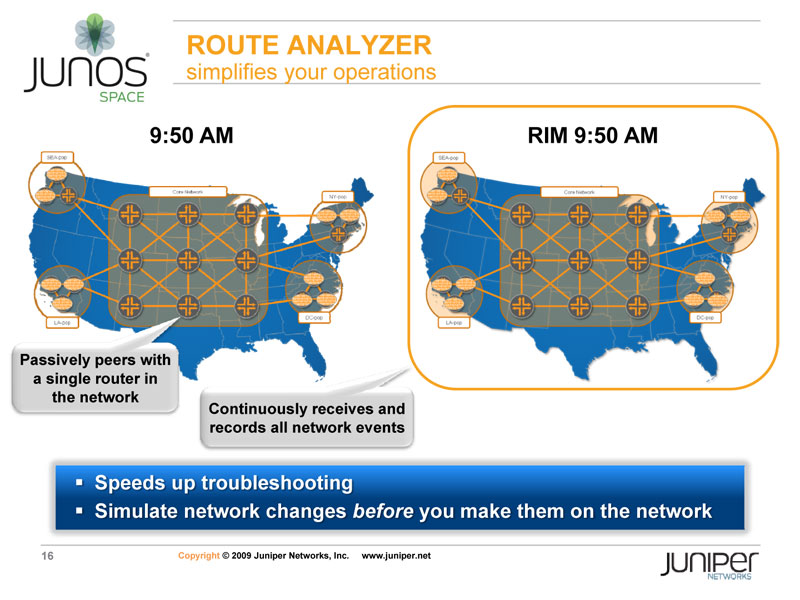 <strong>Junos Spaceで提供されるアプリケーションの1つ、Route Analyzerはパートナー企業が開発した。MIB情報を吸い上げて、ネットワークで何が起こってきたかを解析するとともに、将来の予測も可能という</strong>