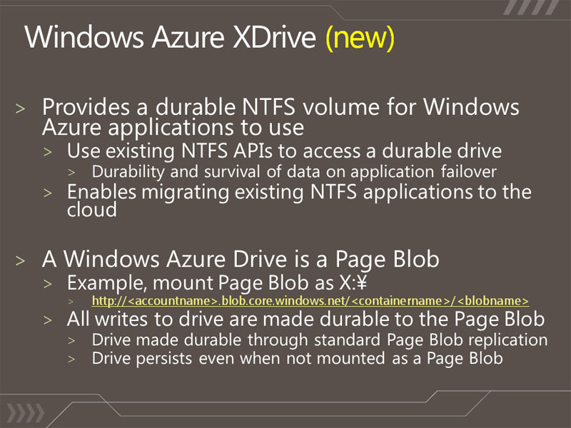 <b>Page型のBlobを使ってAzure上でNTFSがサポートされる。これにより、Azure上でHDDが利用できる</b>