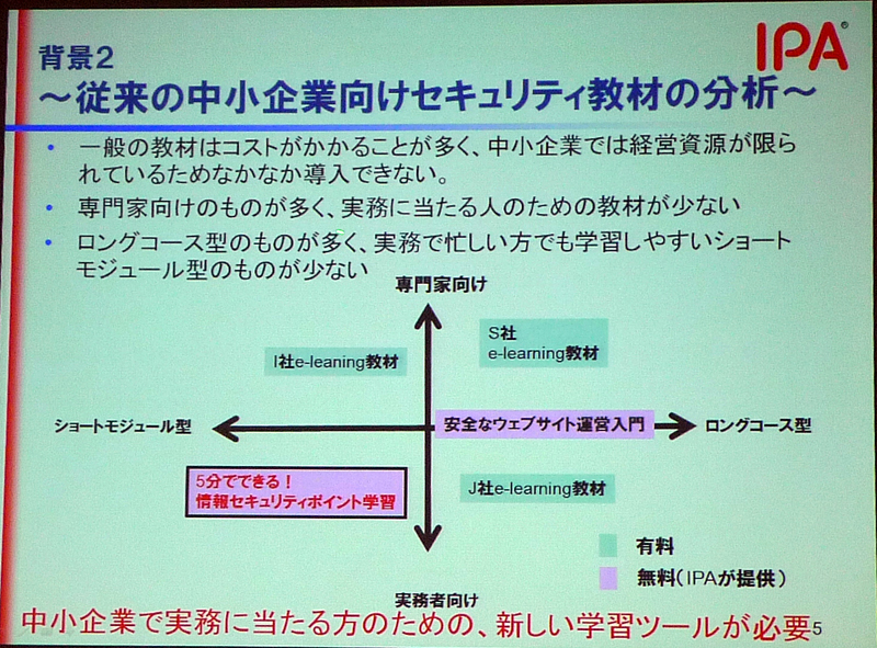 <b>民間の教材では、実務者向けで、業務の合間にできるような短時間の学習ツールがないため、中小企業の実務担当者向けにツールを作成することにしたという</b>