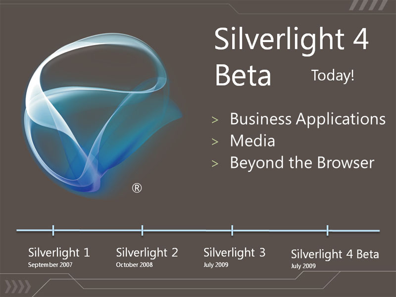 <b>2009年7月にSilverlight 3がリリースされ、Silverlight 4のベータ版まで5カ月と非常に速いペースで進んでいる（Silverlight 4のタイムスケジュールがJulyとなっているが、オリジナルのスライドの間違い）。2010年3月に開催されるMIXでRTM版となり、2010年6月には正式版となると予想される</b>
