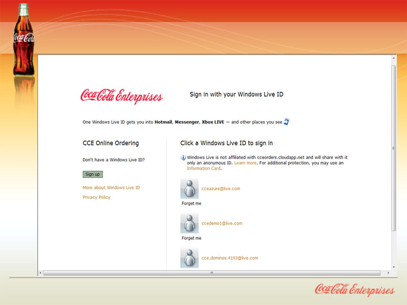 <b>Coca-Colaでは、早速Windows Azure Platformを使って発注システムを作成した。IDは、Identity Foundationを使って、Windows Live IDと社内システムのIDがリンクしている</b>