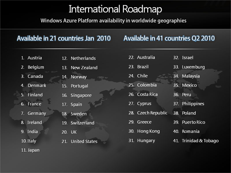 <b>Windows Azure Platformが2010年1月から提供されるのは21カ国。2010年の後半には、さらに20カ国が追加される</b>