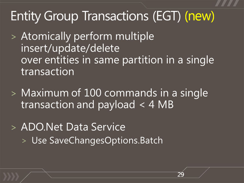 <b>AzureのTableでは、一括してデータが変更できるEntity Group Transactionがサポートされる</b>