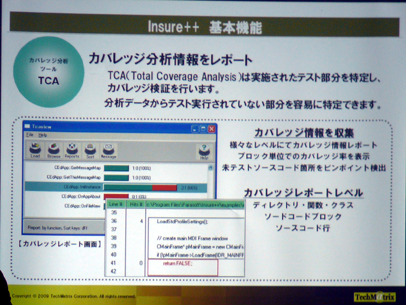 <b>TCAでは実施されたテスト部分を特定し、テストカバレッジ検証を行える</b>